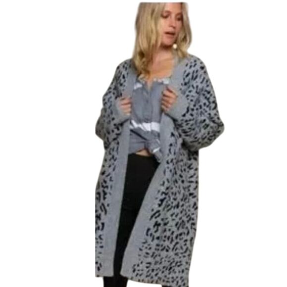 POL Gray Black Animal Print Chunky Long Open Front Cardigan Sweater Large Cozy - Picture 1 of 13